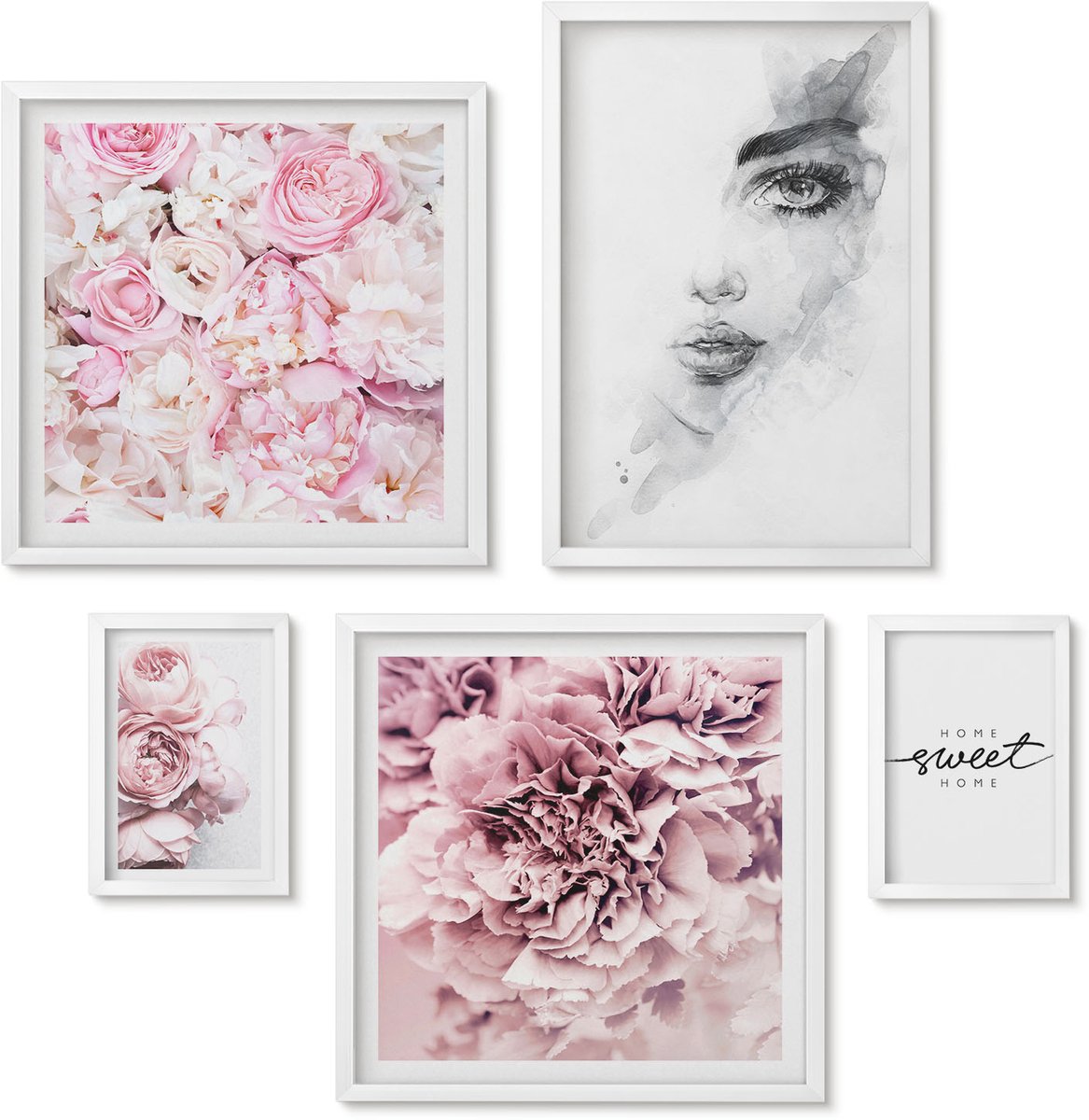 Wallfluent 5-Delige Schilderij Set - Bloemaccenten Met Een Portret En De Tekst "Over Home" - 50 x 50 cm, 20 x 30 cm En 40 x 60 cm - Wanddecoratie - Muurdecoratie - Moderne Interieurdecoratie - Decoratieve Schilderijen
