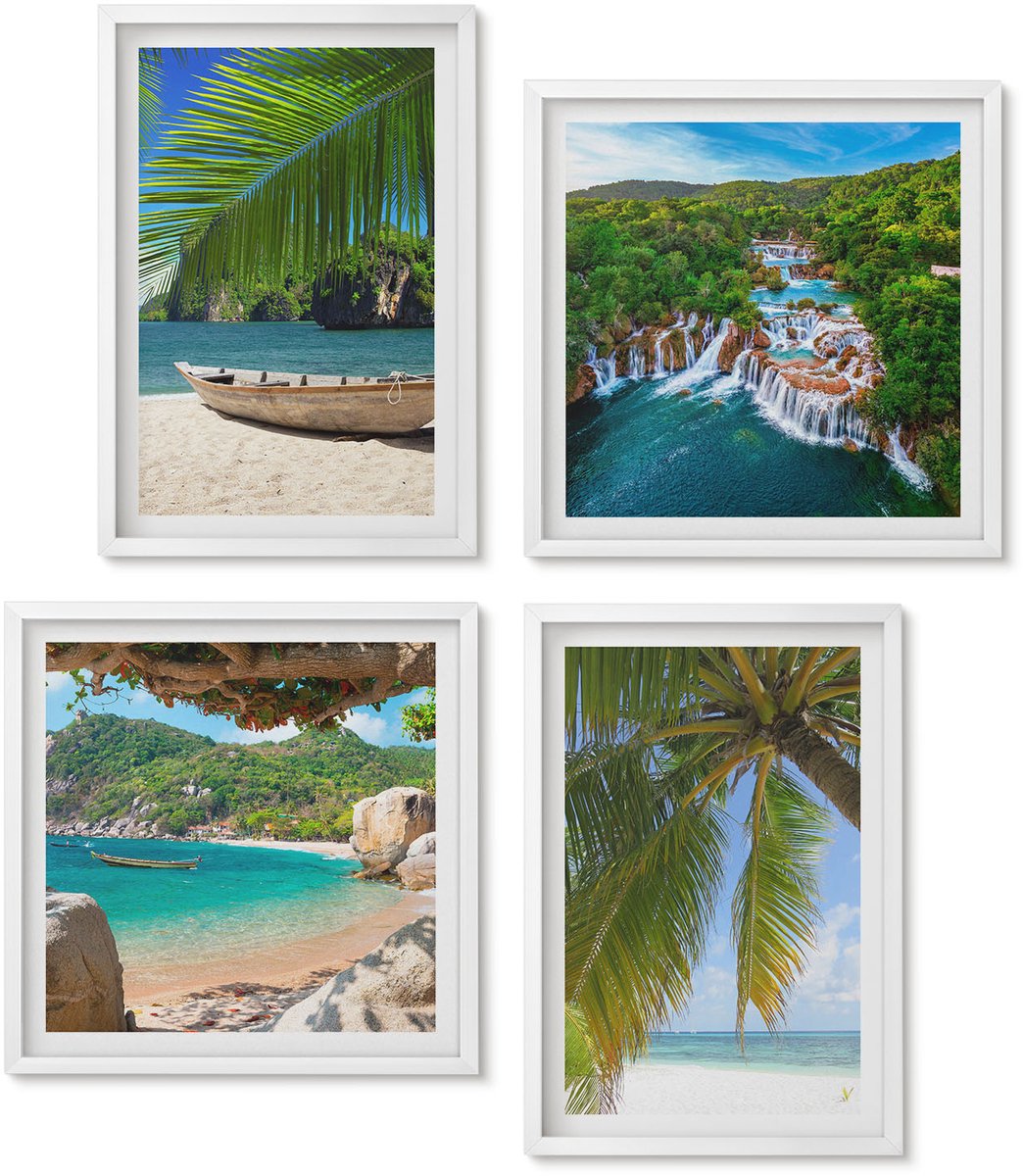 Wallfluent 4-Delige Schilderij Set - Strand Met Boten, Watervallen En Palmbomen In De Tropen - 40 x 40 En 40 x 60 - Muurdecoratie - Wanddecoratie - Hal - Woonkamer Decoratie