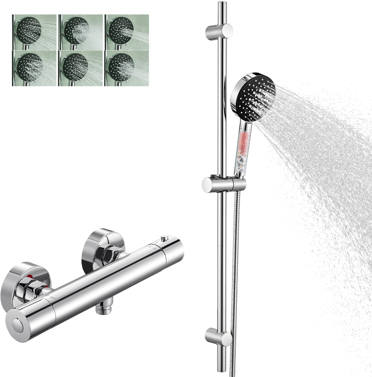 Auralum Max Thermostaatkraan met Glijstang - 90 cm Glijstang Doucheset - 38 °C Veiligheidsfuncties - Douchekraan - 6 Standen Handdouche - Douchekop met 4 Filters - Hoge Druk - Anti-Kalk - Waterbesparende - Chroom&Zwart