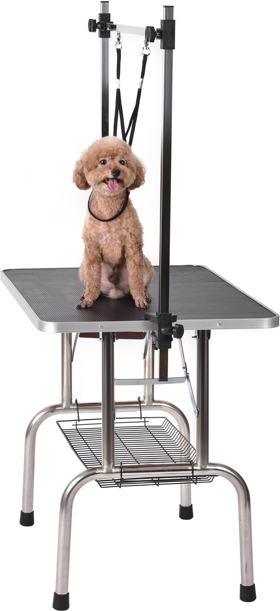 REDOM - Trimtafel - Inklapbaar frame - Verstelbare beugel met veiligheidslus en opbergmand - Voor hond en kat - MDF en roestvrij staal - Zwart - 90 x 60 x 76 cm
