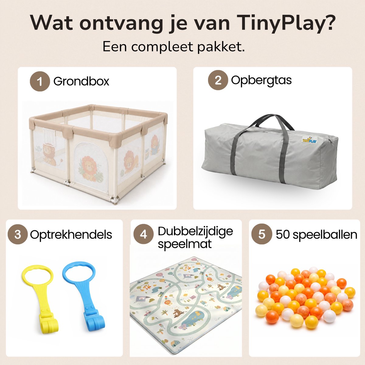 TinyPlay Grondbox Baby met Speelmat & Speelballen - Babybox - Kinderbox - Speelbox - Playpen - Ballenbak - Kruipbox - 120x120x60cm - Beige – foto 8