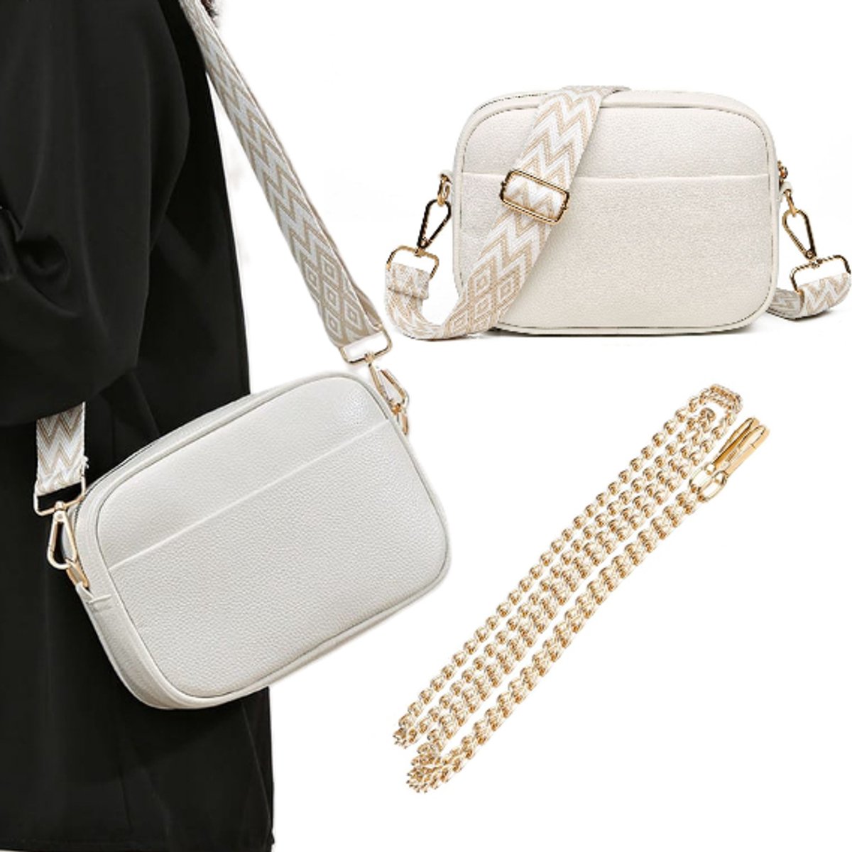 Schoudertas - Telefoontasje - Heuptas dames - Trendy Damestas – Bag strap – Crossbody tas - Stoffen schouderband/metalen schouderband – Crossbodytas - Wit - LOUZIR