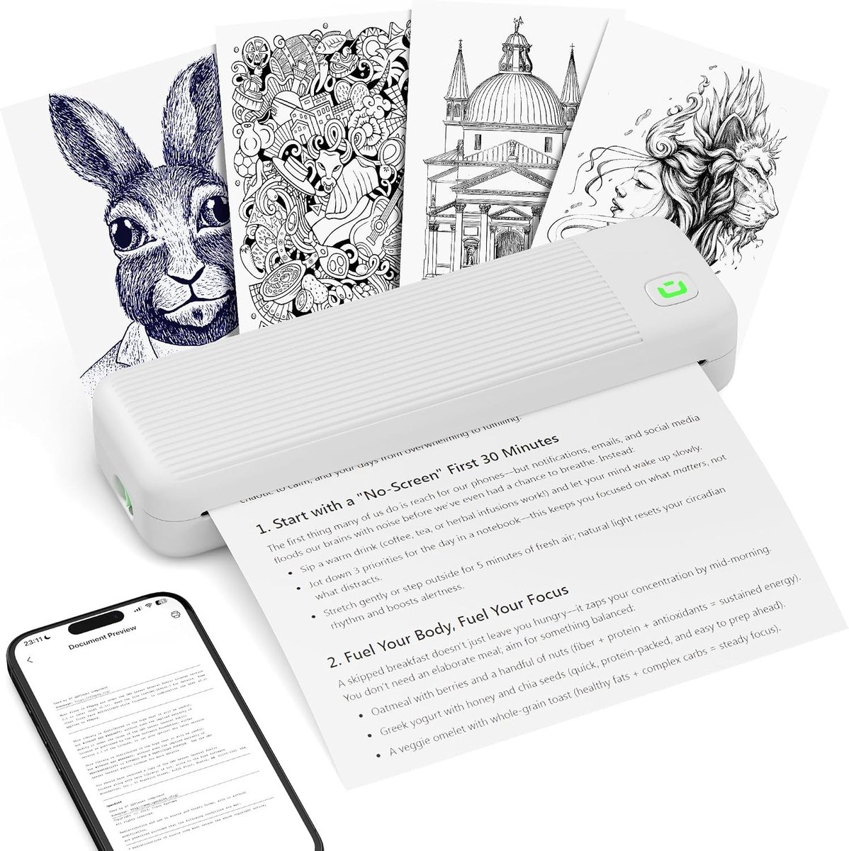 Draagbare Thermische Printer - Wit - A4 - Inktloze Bluetooth Printer voor Mobiele Apparaten en Laptops
