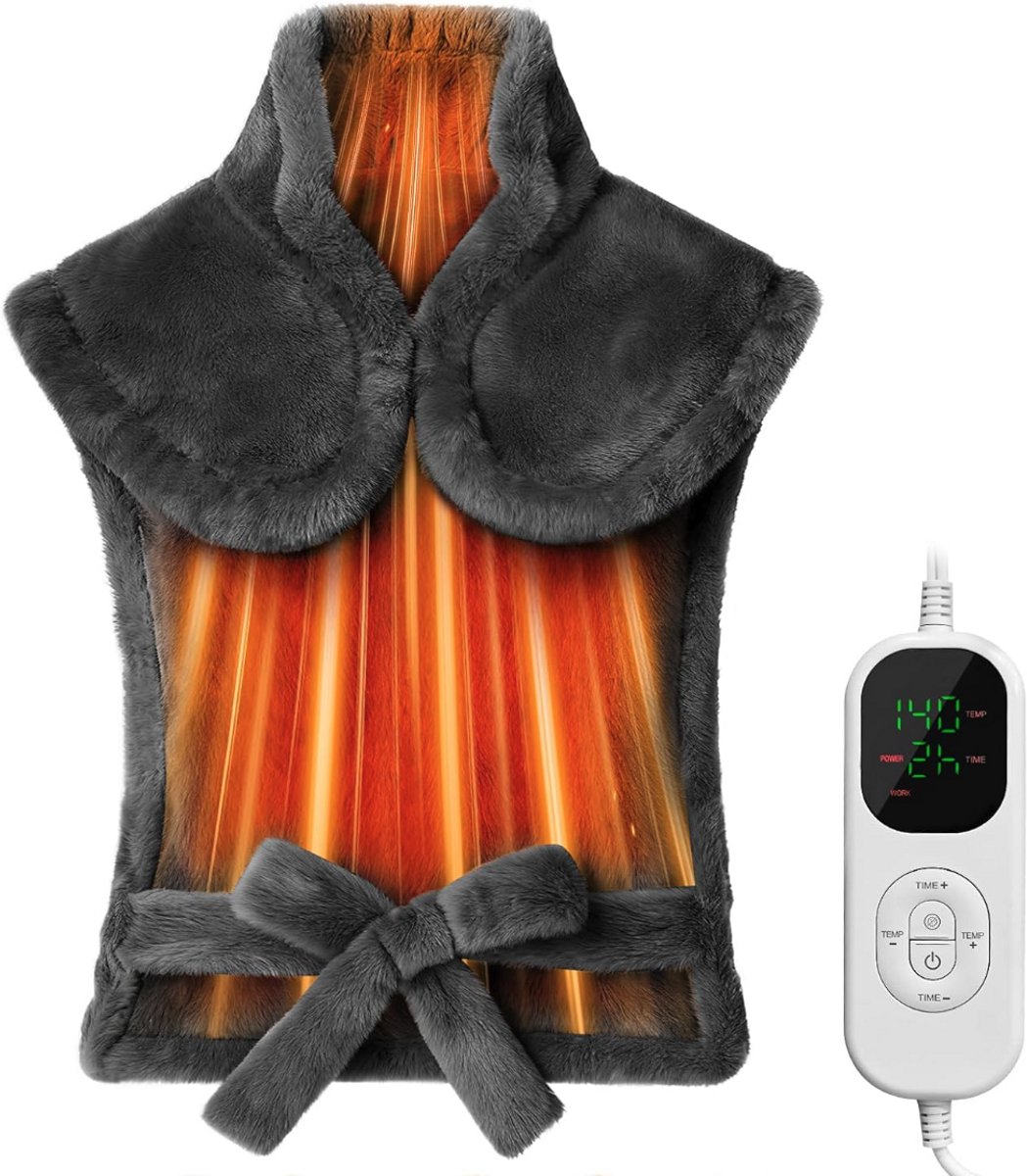 Elektrisch Warmtekussen XXL 70x90 cm – Verwarmingskussen voor Rug, Schouders & Nek – 5 Warmtestanden – Automatische Uitschakeling – Zacht Pluche – Grijs