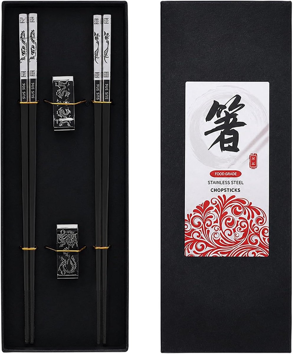 Eetstokjes 2 paar - Roestvrij staal 304 - Herbruikbaar - Perfect voor Chinees geschenk - ShopVlot