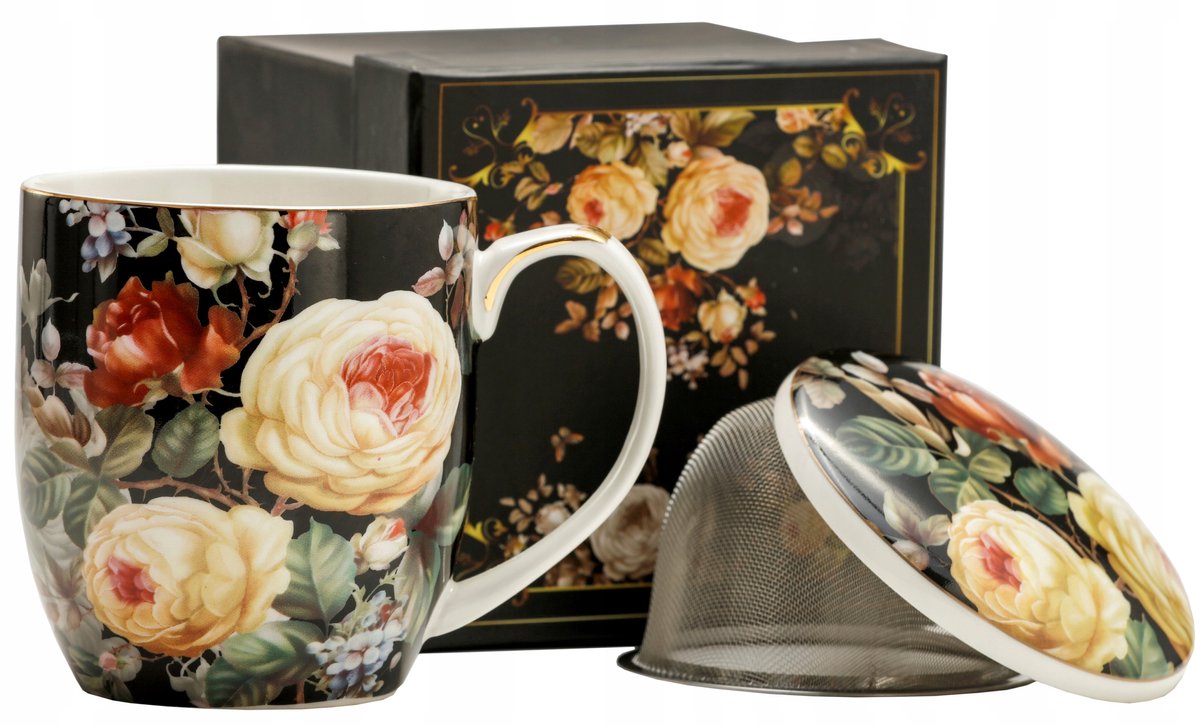Porseleinen theemok met infuser en deksel, 420ml, bloemenprint