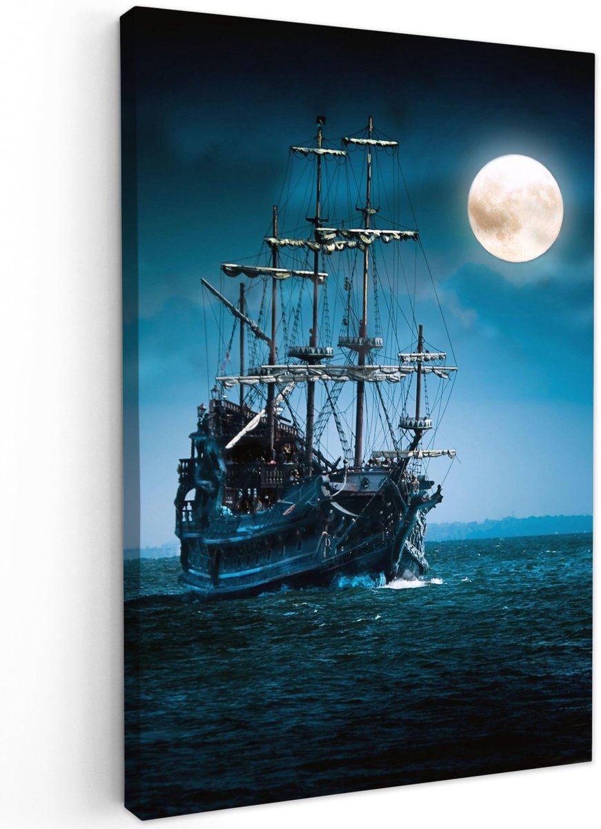 Famanu – Canvas schilderij 80 x 120 cm, kamerdecoratie voor woonkamer en slaapkamer, piraten thema met zee, nacht en maan