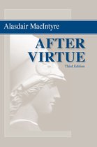 Boek 'After Virtue' derde editie, met een afbeelding van een klassiek beeld van een hoofd met helm.