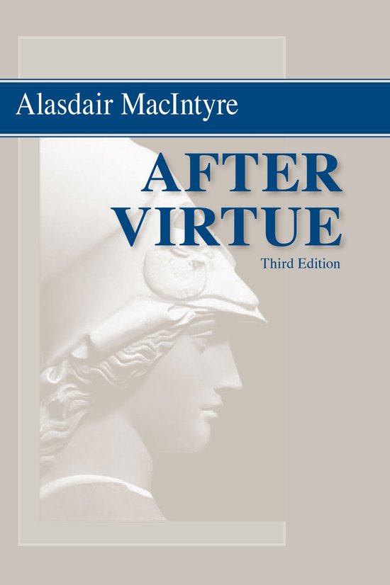 Boek 'After Virtue' derde editie, met een afbeelding van een klassiek beeld van een hoofd met helm.