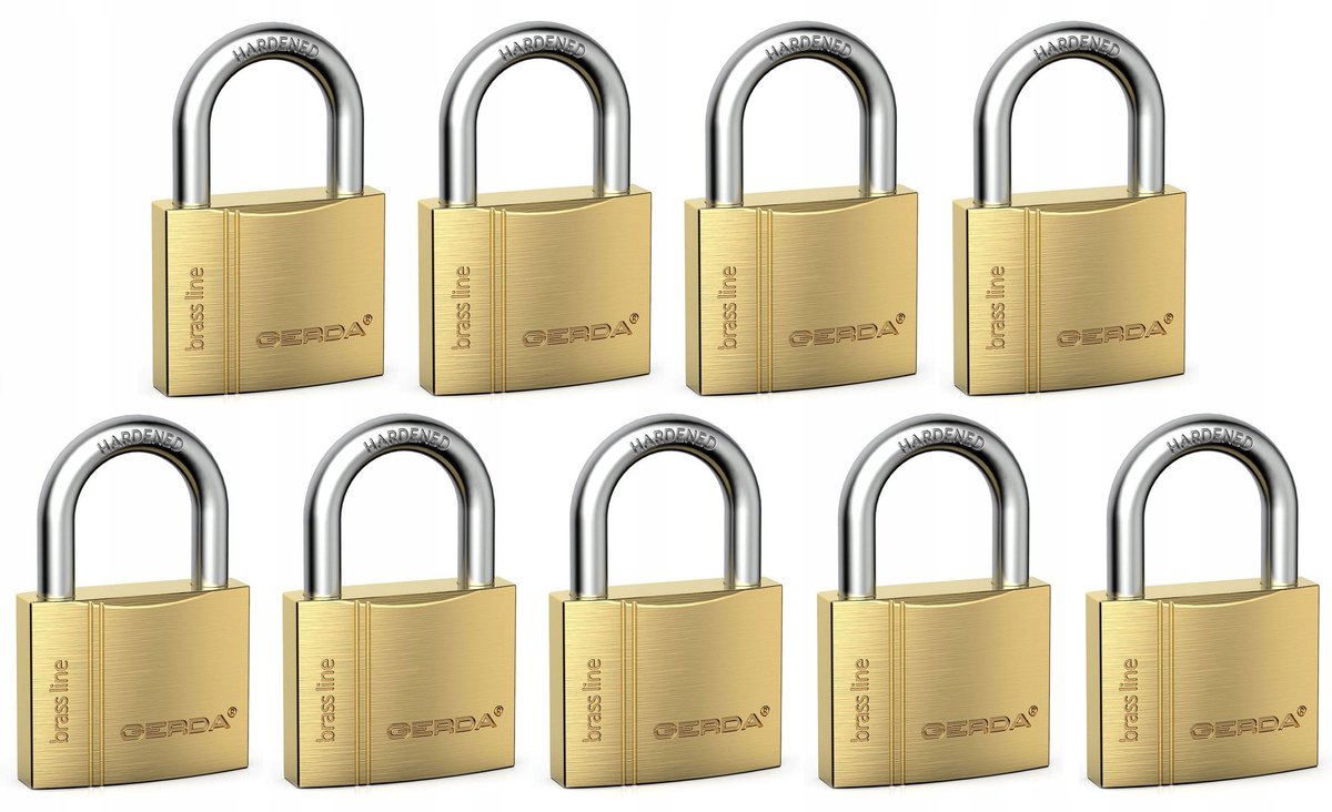 9x Merkloze Messing Hangsloten met 1 Sleutel Systeem - 30mm