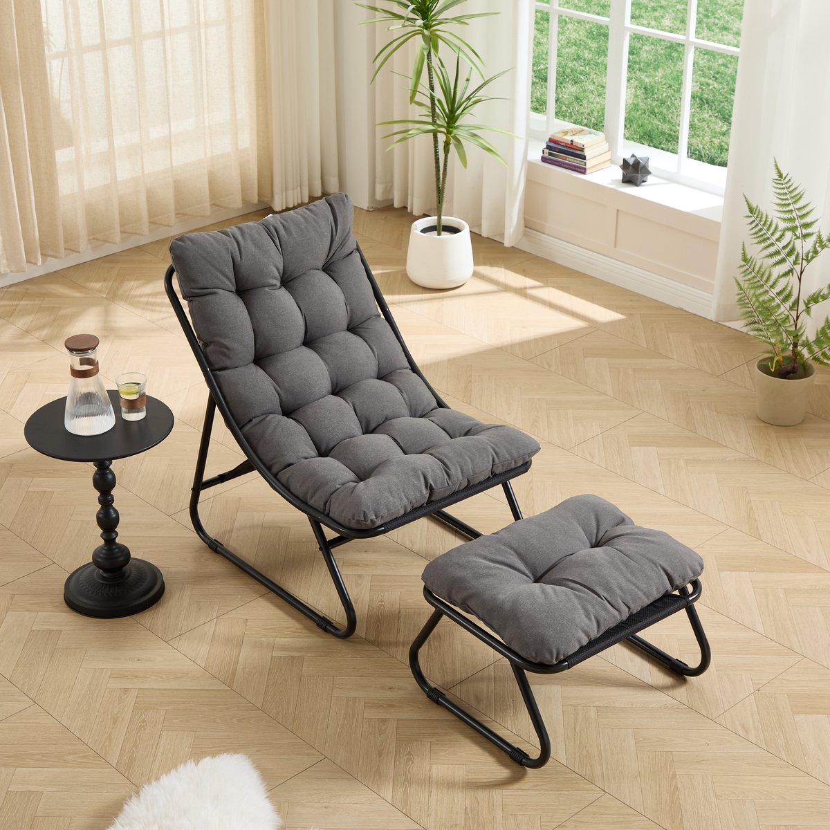 MUVANO Loungestoel Tuin - Grijze Outdoor Loungestoel Met Voetenbank - Moderne Stalen Relaxstoel - 65x78x86 cm - Ontspannen - Buiten Grijs Zwart