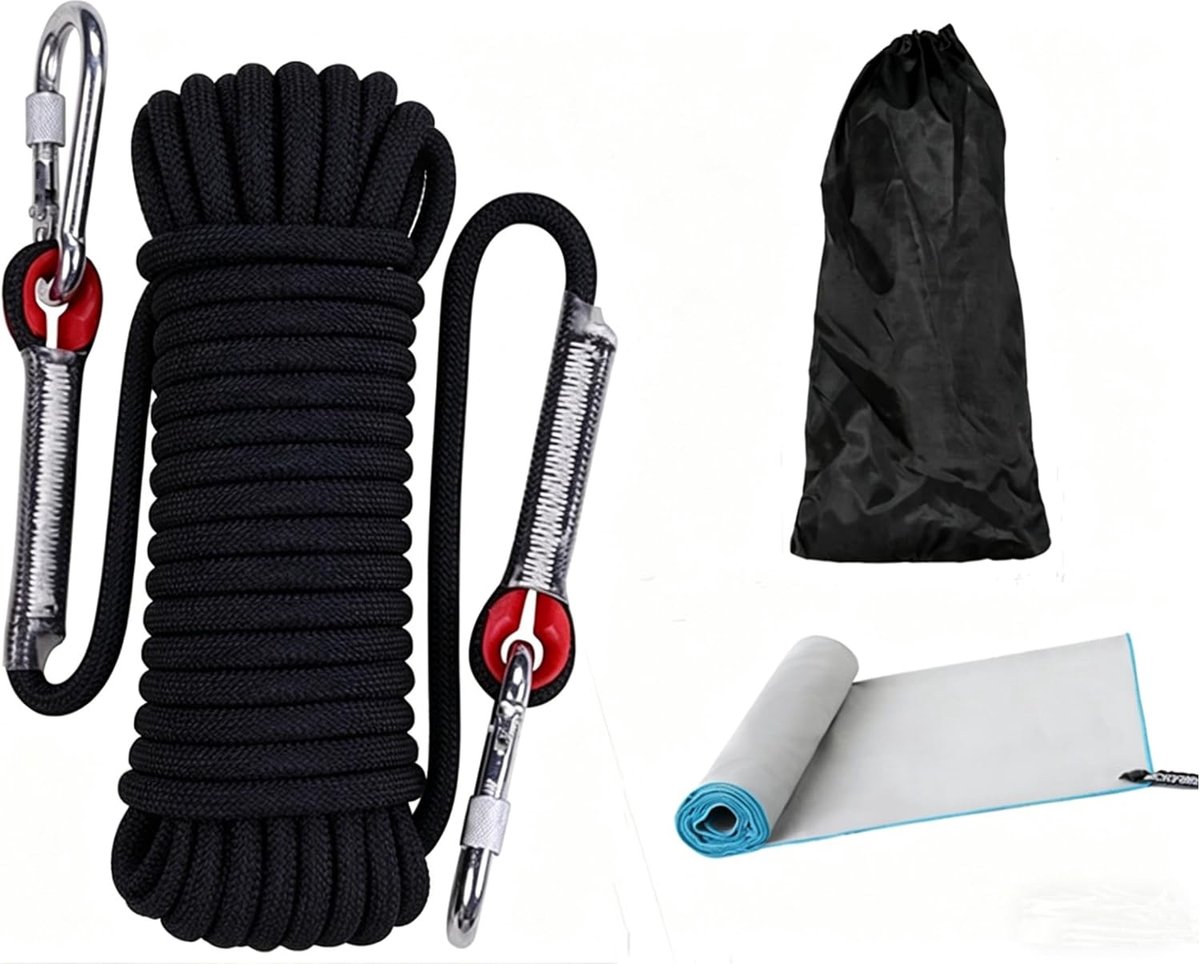 Amalan Multifunctional Outdoor Rope + Quick-Drying Towel D10 mm Nylon Rope with 2 Carabiner Hooks Load Capacity 1200 - ShopVlot