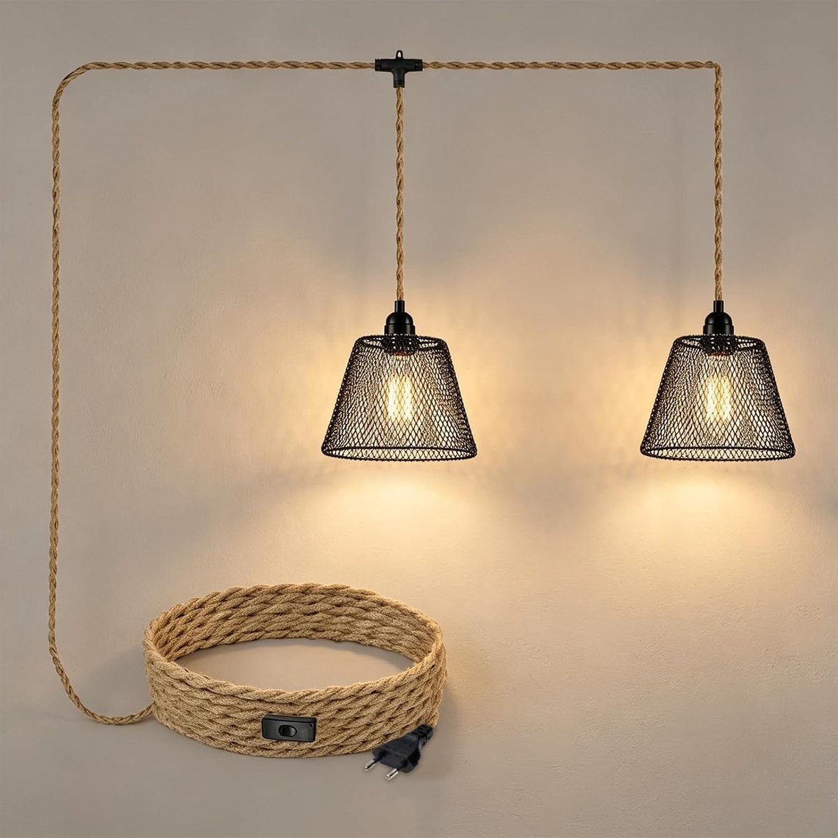 2-Flamige Hemp Rope Lamp with Plug E27 Pendant Light with 600cm Cable and Black Metal Cage Lampshade Ø 20cm, Vintage - ShopVlot