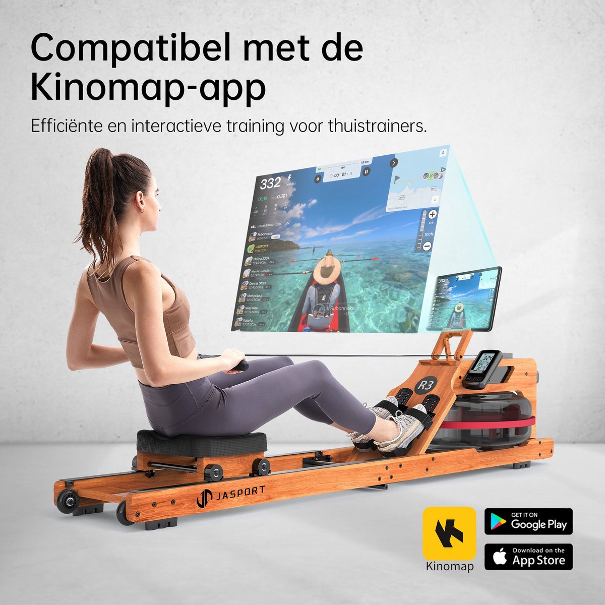JASPORT R3 Opvouwbare Waterroeier voor Thuis – FSC-gecertificeerd Eikenhout, 28 L Watertank, Bluetooth, Kinomap, LCD-display, Max. 150 kg, Kersenhoutkleur thumbnail 4