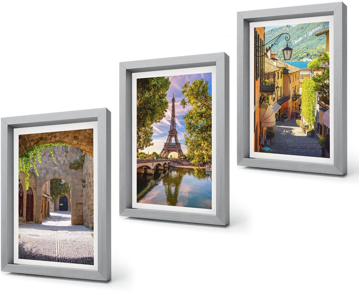 Coloray 4-Delige Schilderij Set - Prachtige straten, historische architectuur, Eiffeltoren - 20 x 30 cm - Wanddecoratie - Moderne Interieurdecoratie - Woonkamer Decoratie Zilveren lijst