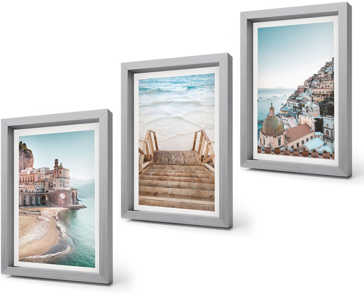 Coloray 4-Delige Schilderij Set - Zomerse pastelkleuren met architectuur aan zee en strand - 20 x 30 cm - Muurdecoratie - Wanddecoratie - Slaapkamer - Moderne Wanddecoratie Zilveren lijst