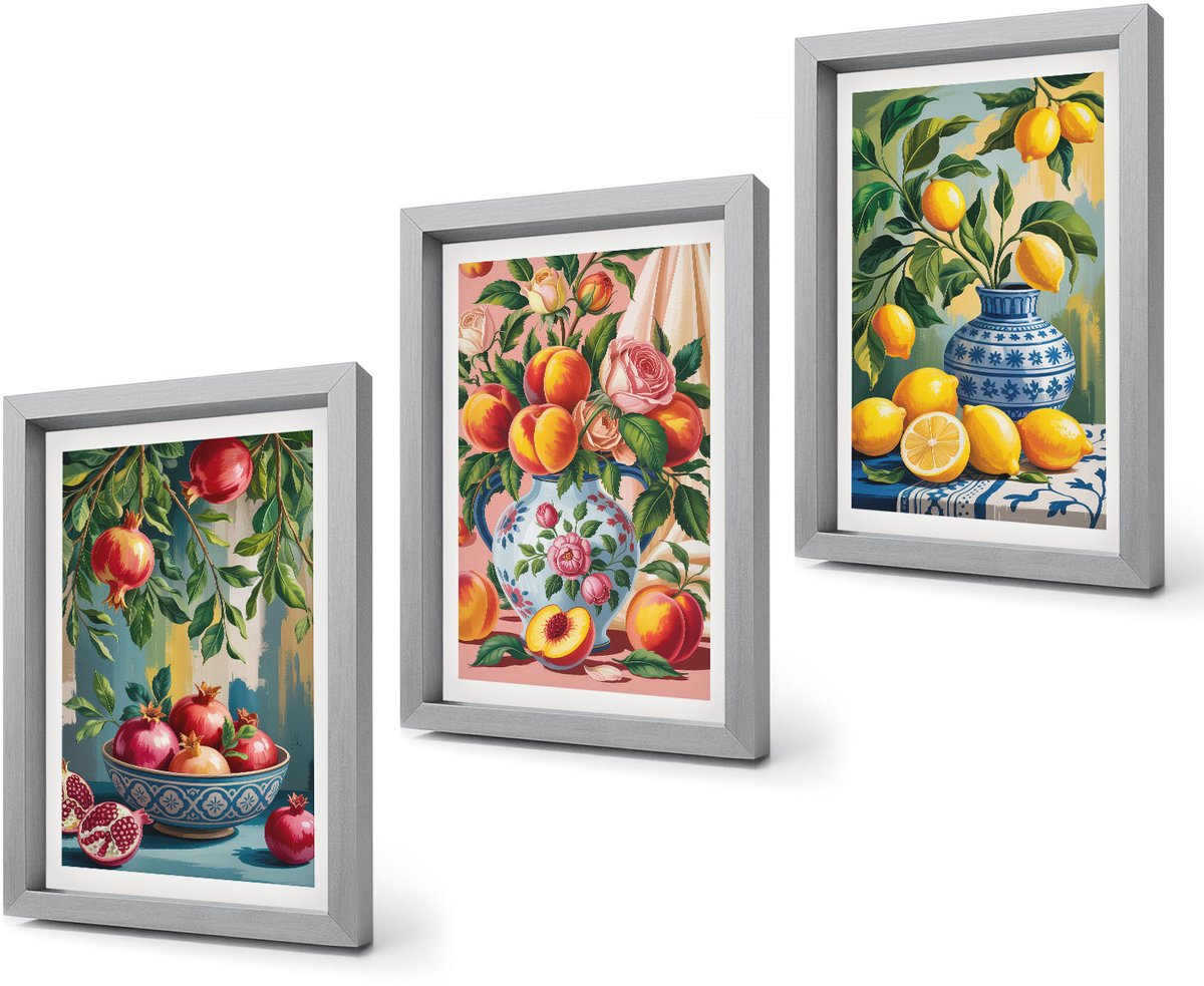 Coloray 4-Delige Schilderij Set - Fruitcomposities met granaatappels, citroenen en perziken - 20 x 30 cm - Wanddecoratie - Schilderijen Set - Interieur - Woonkamer Decoratie Zilveren lijst