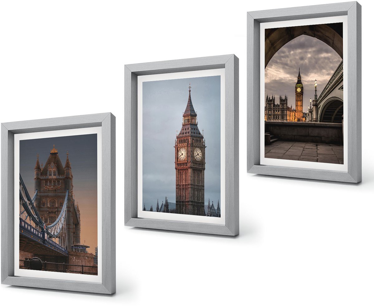 Coloray 4-Delige Schilderij Set - Uitzicht op Londen met de brug en de Big Ben. - 20 x 30 cm - Stijlvolle Muurdecoratie - Kantoor Zilveren lijst