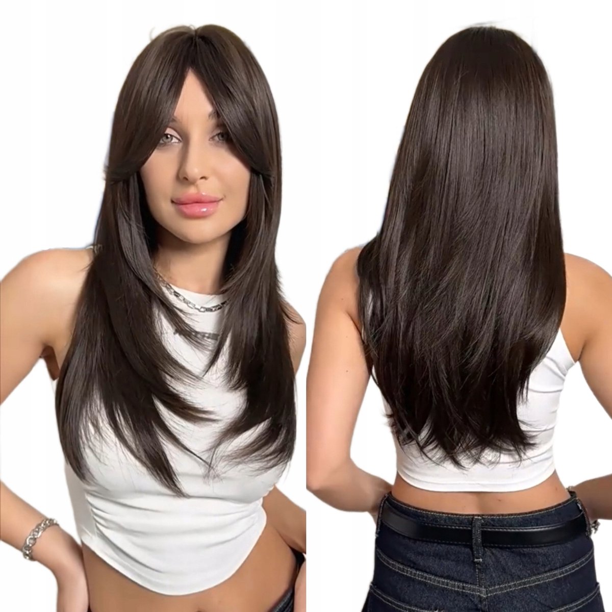 Damespruik Gemengd Bruin Synthetisch Haar 50cm met Pony