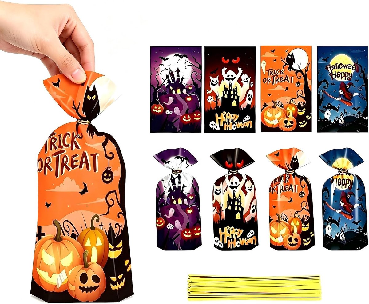 Halloween traktatie zakken 50 stuks - 12,5 x 27,5 cm - met twist ties - feestelijke designs - ShopVlot