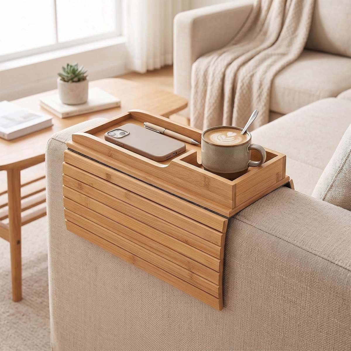 Bankdienblad met valbeveiliging - inklapbare armleuning organizer - ruimtebesparend design - ideaal voor woonkamer - ShopVlot