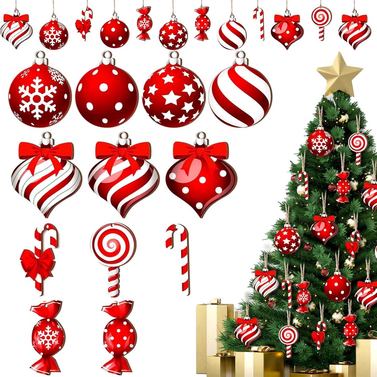 Kerstboomversiering set 35 stuks - Houten decoratieve hangers - Rood wit - Voor feestelijke kerstdecoratie - ShopVlot