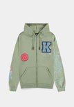Lichtgroene hoodie met ritssluiting, blauw 'K' logo, een rood Sharingan symbool en tekst en afbeeldingen op de mouwen.