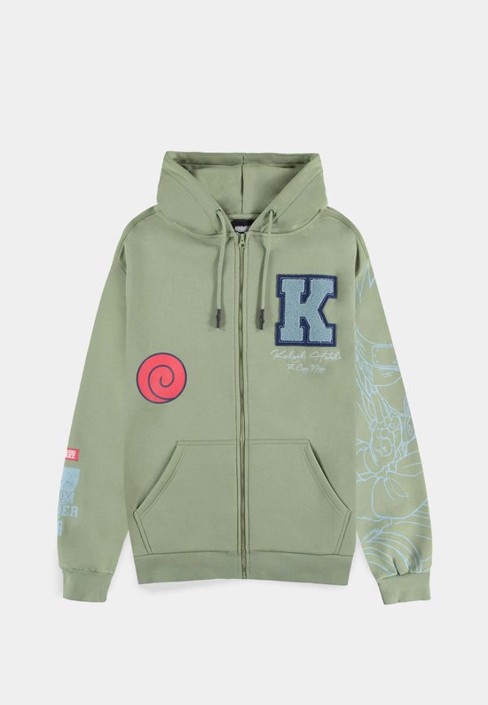Lichtgroene hoodie met ritssluiting, blauw 'K' logo, een rood Sharingan symbool en tekst en afbeeldingen op de mouwen.