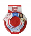 Verpakking van de Kong Flyer frisbee in rood rubber. Een meisje en een golden retriever zijn te zien.