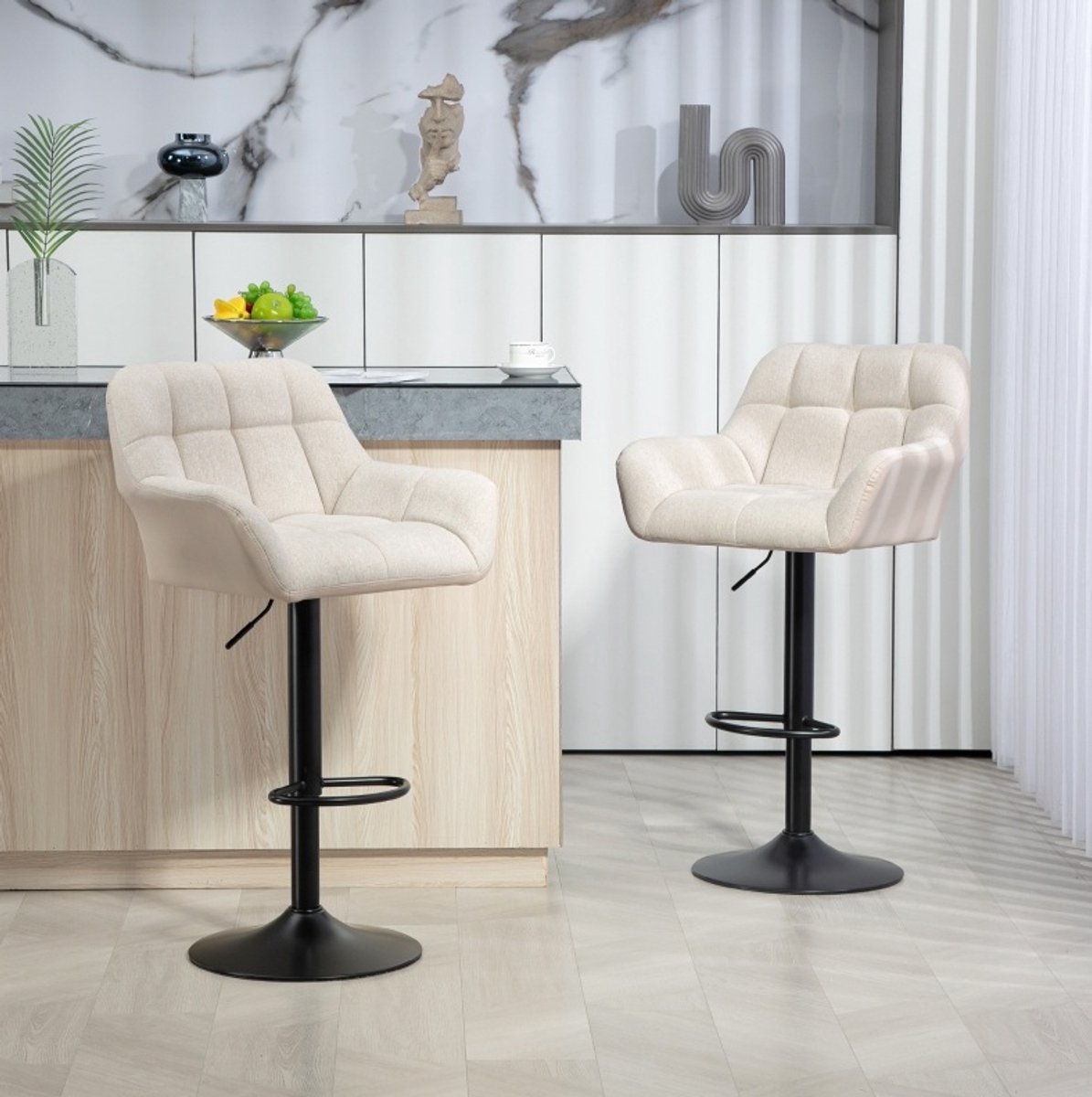 REDOM - Barkruk - 2-delig - In hoogte verstelbaar en draaibaar - Met rugleuning en armleuningen - Retro stijl - Voor bar en keuken - Kunstleer - Crème wit - 57,5 x 52,5 x 93-114 cm