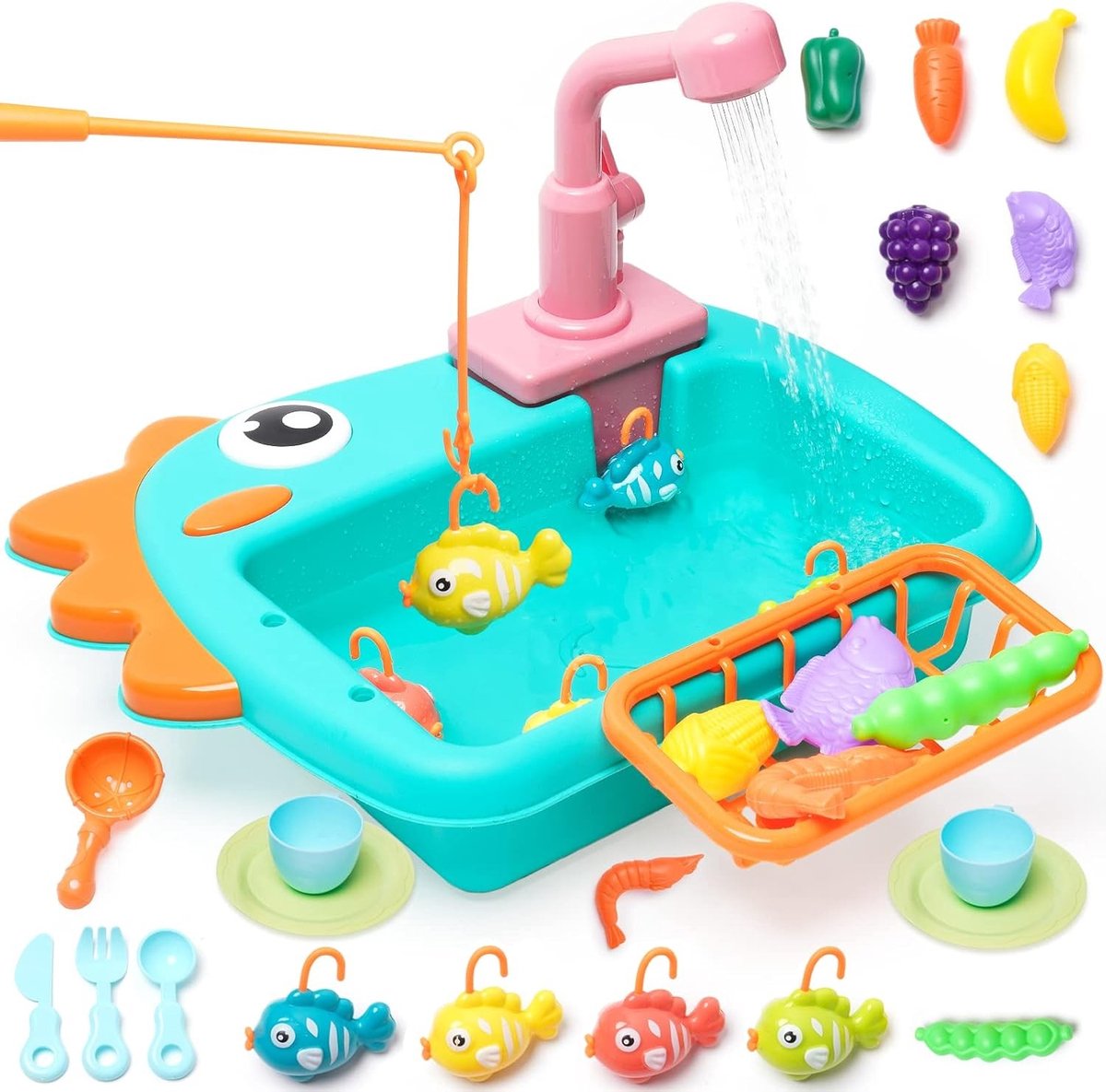 Speelgoed Keukengootsteen - Groen - Keukenaccessoires met Visspeloptie en Waterpomp - Voor Jongens en Meisjes