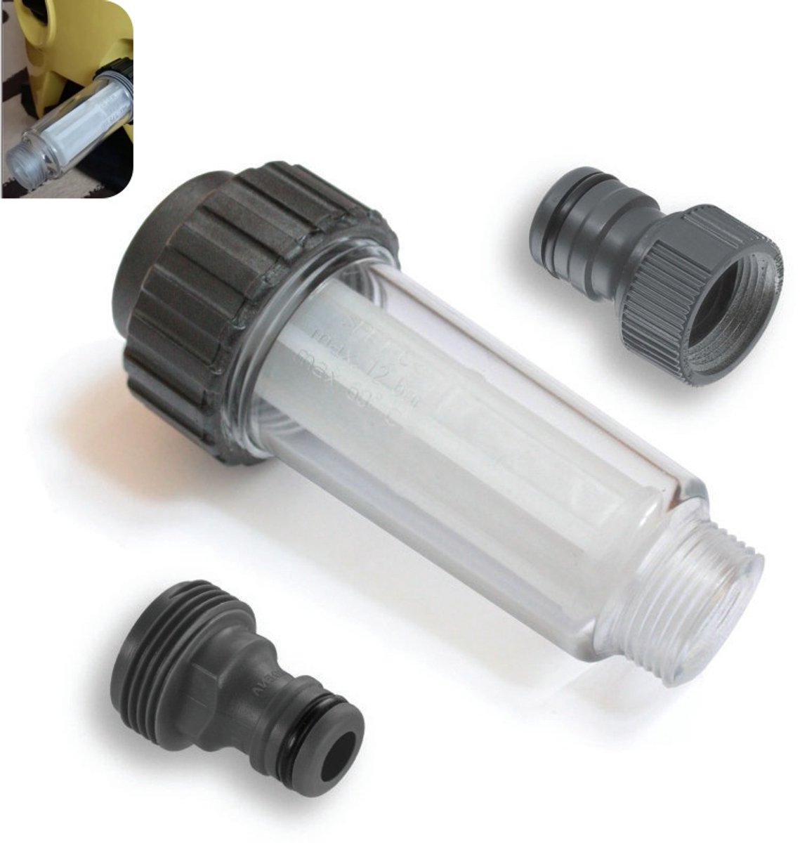 2 stuks - Waterinlaatfilter voor hogedrukreiniger - filter - met aansluitstuk - 3/4 inch schroefdraad, max 15 bar - Compatibel met Karcher hogedrukreinigers - zwart
