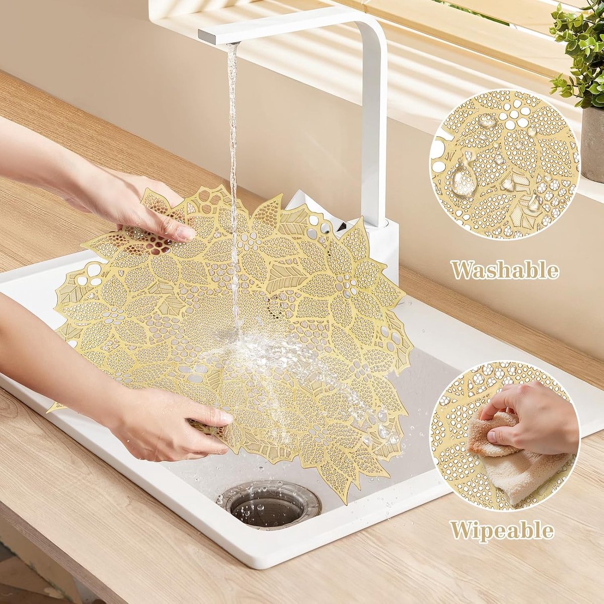 fanquare 38 cm Round Gold PVC Washable Set of 6 Place Mats Flower Leaves Hollow Out Placemats for Wedding Kitchen - ShopVlot