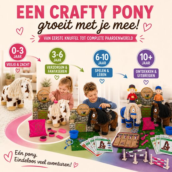 Overzicht van Crafty Ponies en toebehoren voor verschillende leeftijden, van 0-3 jaar tot 10+ jaar.