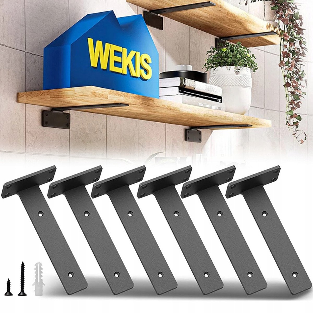 6x Merkloze L-Steunen voor Wandplanken - 8 Inch - Zwart