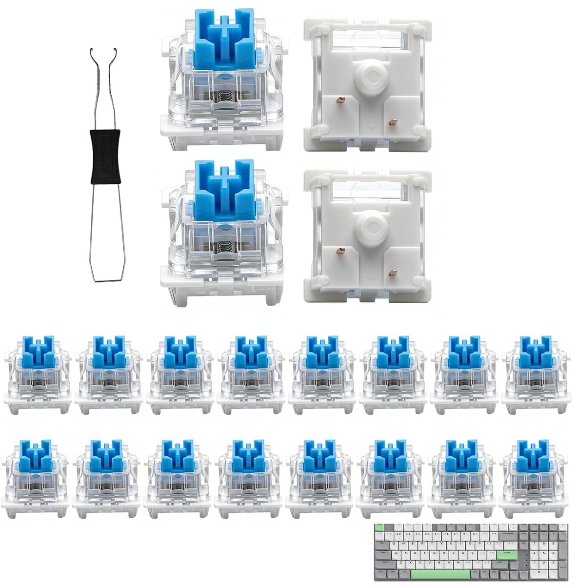 20 stuks blauwe toetsenbordschakelaars, transparante blauwe asschakelaars met trekker, 3-pins design voor mechanische - ShopVlot