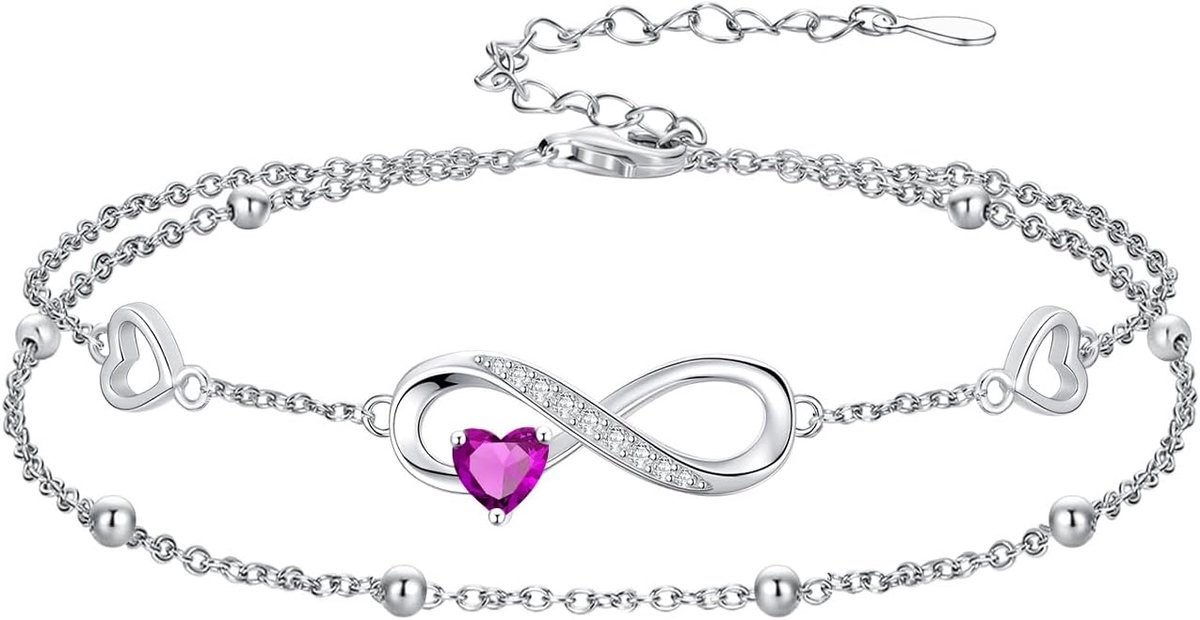 925 sterling zilveren sieraden voor dames, oneindigheidsgraad hart, geboortesteen armband en enkelband, dubbele rijen - ShopVlot