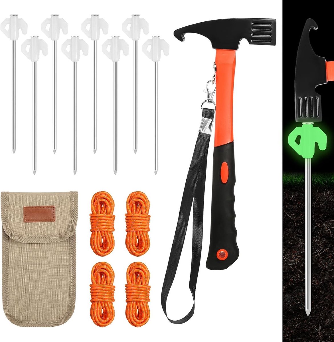 Schroefharingen - Lichtgroen - Compleet Camping Set met 8 Lichtgevende Tentharingen, Multifunctionele Hamer en Reflecterende Spanlijnen - Voor Outdoor Kamperen