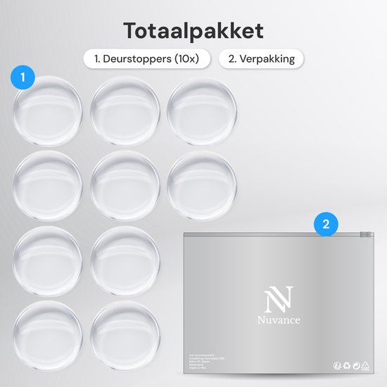 Totaalpakket met 10 transparante deurstoppers en verpakking van Nuvance.