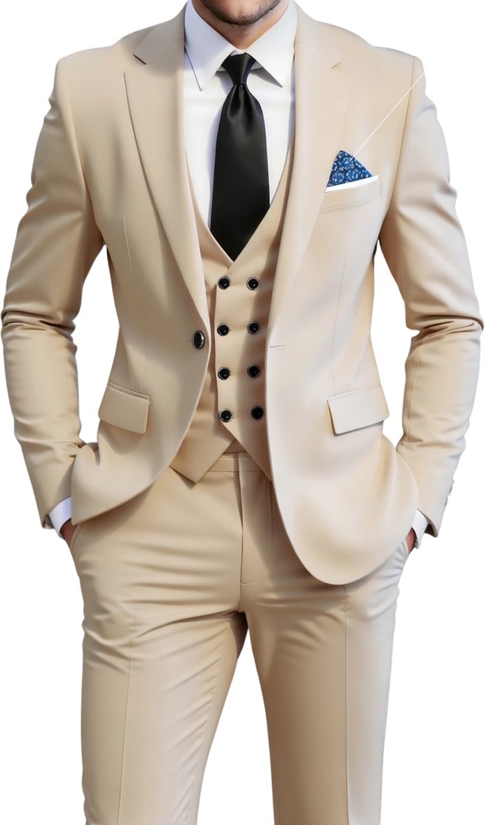Currero 3 Delig Herenpak Met Overhemd Suit 2 Delig Tailored Fit Kostuum Business Pak Trouwpak Smoking Tuxedo Stijl Bruiloft Kantoor & Feest 1 Beige