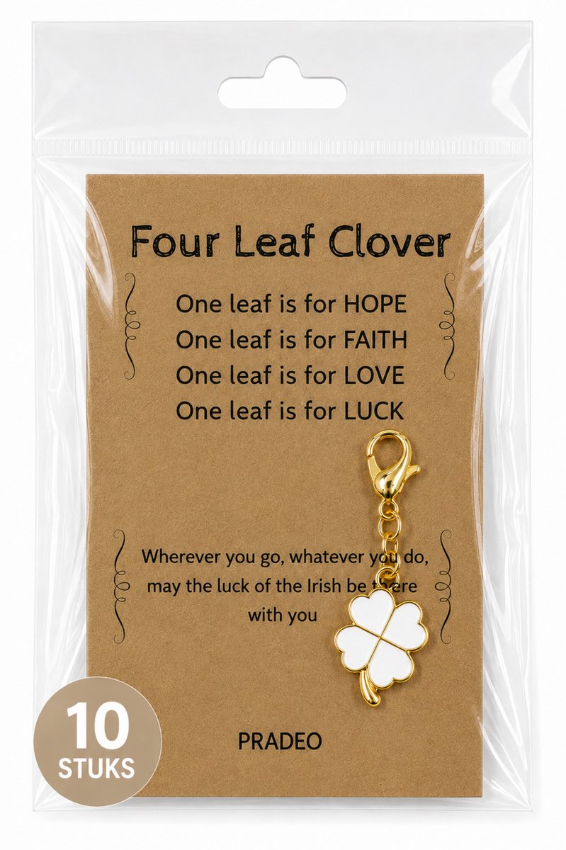 Pradeo - Klavertje Vier Sleutelhanger - Hangertje - Klavertje 4 - Four Leaf Clover - Key Chain - Pocket Hug - Geluk - Klein Geschenk - Bedankt Cadeautje - Familie, Vrienden, Collega of Meester & Juf - Met Kaartje Met Tekst - Wit - 10 Stuks
