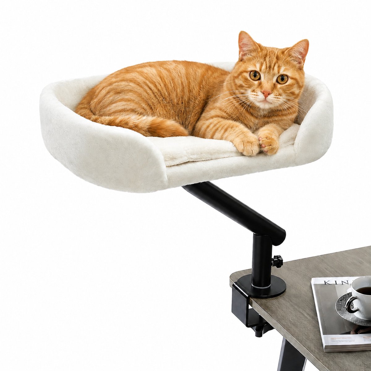 Molhaus Kattenmand voor Bureau | Kattenbed | 360° Draaibaar | Dubbelzijdig Kussen | 22 kg Draagvermogen | Sterke Tafelklem | Beige
