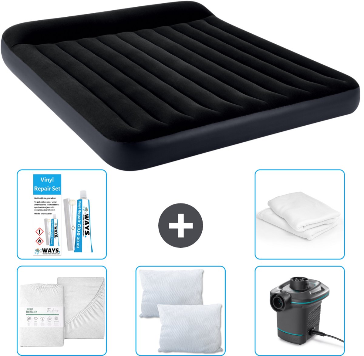 Intex Luchtbed - 2-Persoons - 183 x 203 x 25 cm - Donkerblauw - Inclusief Hoeslaken - Kussen - Pomp - Reparatieset en Kussenbeschermer