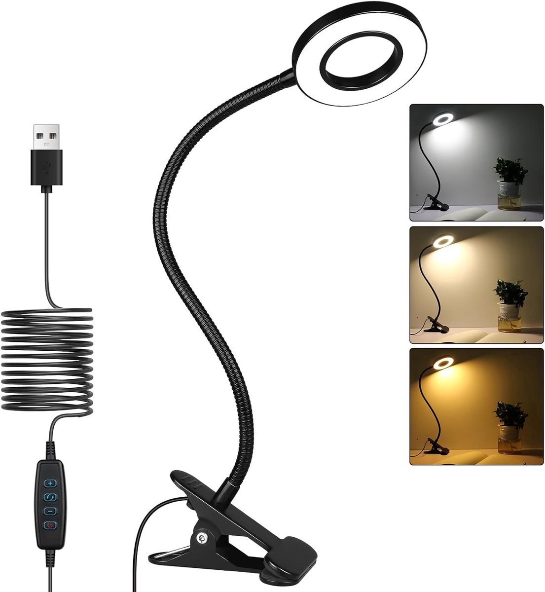 Casalora Bureaulamp LED Dimbaar – LED leeslamp – Met Klem – Opladende USB – 3 Kleurmodi – 40 cm – Zwart