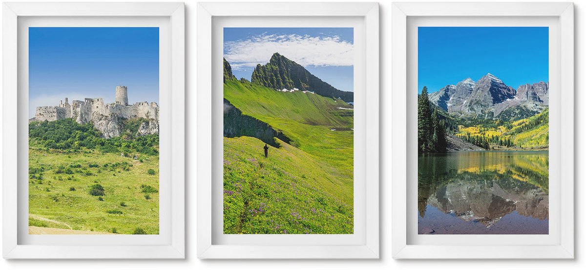 Wallfluent 3-Delige Schilderij Set - Groene Heuvels Met Een Kasteel En Berglandschappen - 20 x 30 - Muurdecoratie - Schilderijen Set - Woonkamer - Wanddecoratie