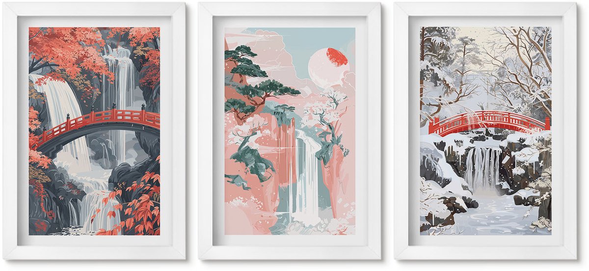 Wallfluent 3-Delige Schilderij Set - Watervallen In Verschillende Seizoenen Met Bruggen En Bomen. - 20 x 30 - Wanddecoratie - Muurdecoratie - Woonkamer