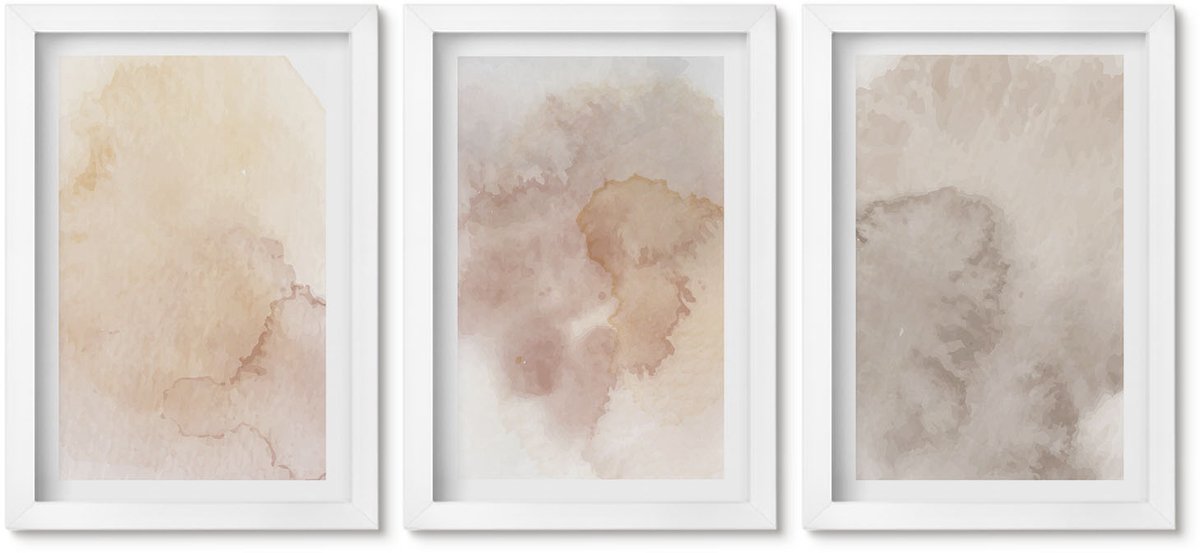 Wallfluent 3-Delige Schilderij Set - Warme Aquarelverf Op Canvas, Pasteltexturen - 20 x 30 - Muurdecoratie - Schilderijen Set - Woonkamer