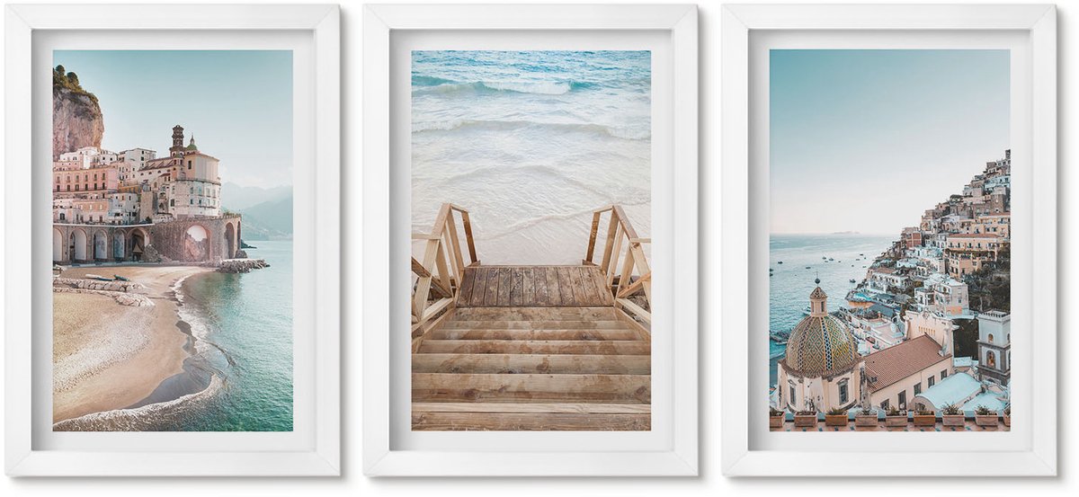 Wallfluent 3-Delige Schilderij Set - Zomerse Pastelkleuren Met Architectuur Aan Zee En Strand - 20 x 30 - Muurdecoratie - Wanddecoratie - Slaapkamer