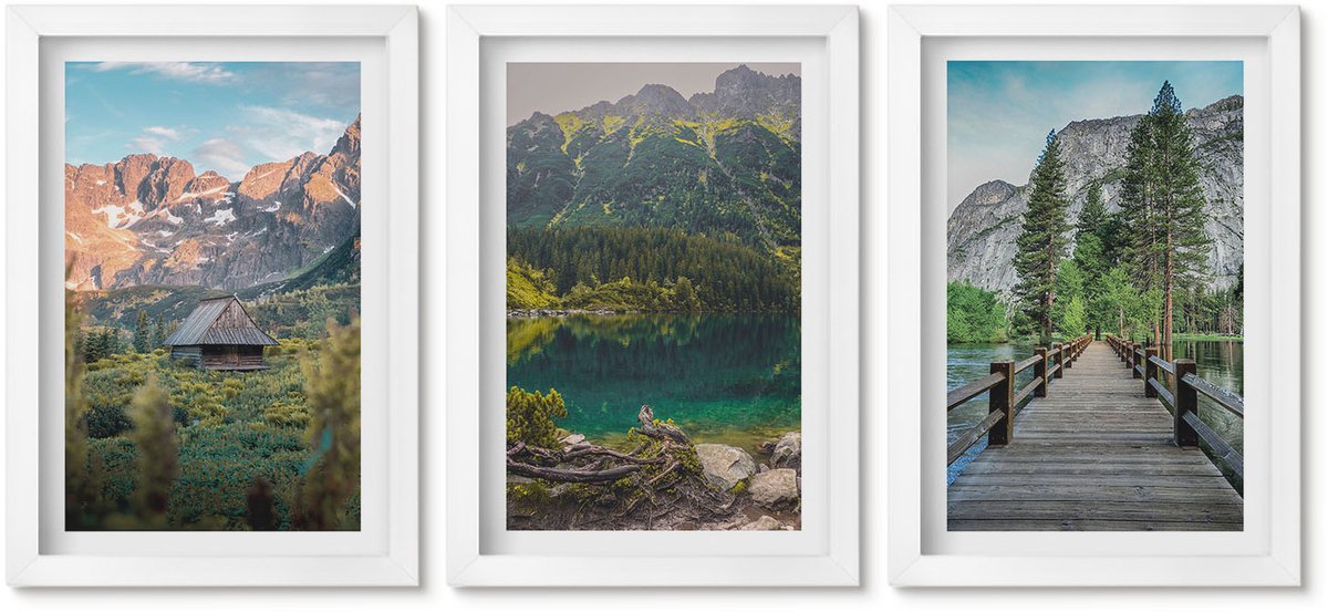 Wallfluent 3-Delige Schilderij Set - Berglandschap Met Een Meer En Een Houten Steiger - 20 x 30 - Schilderijen Set - Wanddecoratie - Woonkamer - Moderne Wanddecoratie