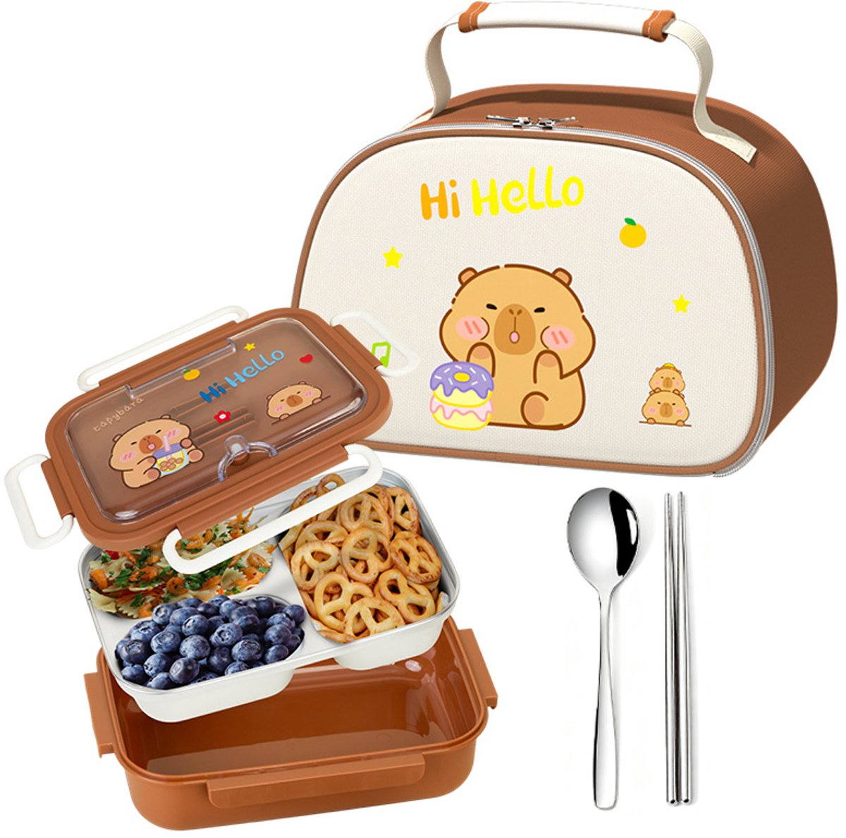 Namajunas - Capybara lunchboxset - Lunchbox kinderen - Roestvrij staal Broodtrommel met vakken - 1050 ml bentobox en 8L Koeltas - Capibara opbergzak - Koeltas Lunch - Met Lepel & Eetstokjes - Draagtas voor School, Kantoor, Picknick, Reizen - Cadeau